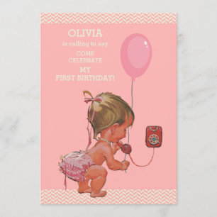 Invitation 1er anniversaire Baby Girl Téléphone Balloon Chevr