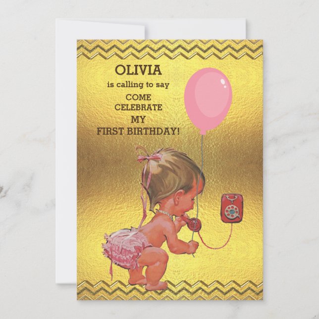 Invitation 1er Anniversaire Baby Girl Téléphone Balloon Or Ch (Devant)