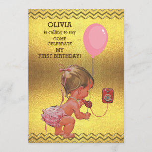 Invitation 1er Anniversaire Baby Girl Téléphone Balloon Or Ch