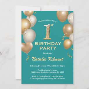 Invitation 1er Anniversaire Ballons Turquoise et Parties scin