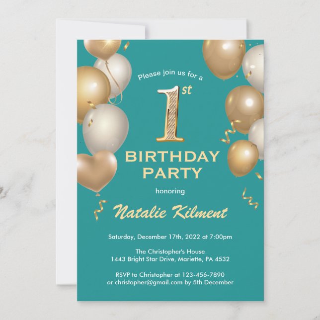 Invitation 1er Anniversaire Ballons Turquoise et Parties scin (Devant)