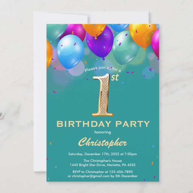 Invitation 1er Anniversaire Ballons Turquoises et dorés (Devant)