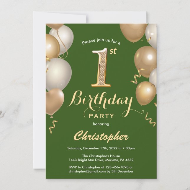 Invitation 1er anniversaire Ballons verts et or Confetti (Devant)