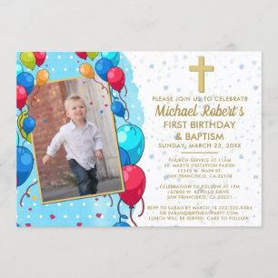 Invitation 1er Anniversaire Baptême Bleu Or Texte Photo Ballo