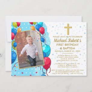 Invitation 1er Anniversaire Baptême Bleu Or Texte Photo Ballo