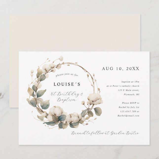 Invitation 1er anniversaire Baptême coton et couronne eucalyp (Devant / Derrière)
