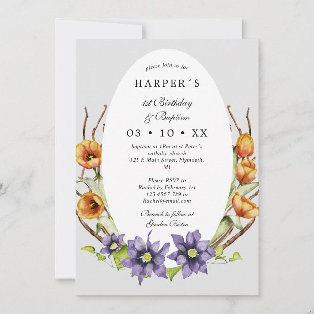 Invitation 1er anniversaire Baptême fleurs de printemps en fo (Devant)