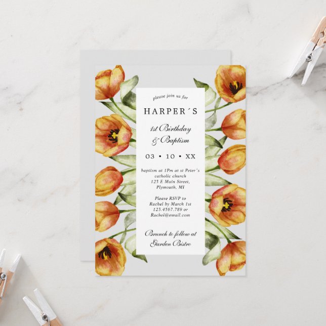 Invitation 1er Anniversaire Baptême fleurs et tulipes de prin (Devant/Arrière en situation)