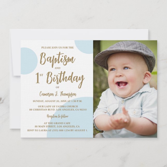Invitation 1er Anniversaire Baptême Photo Blue Gold Custom (Devant)