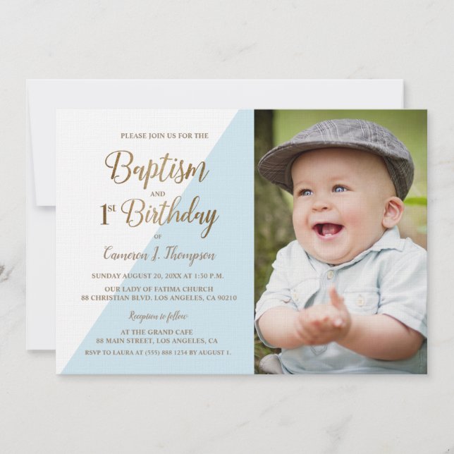 Invitation 1er Anniversaire Baptême Photo Blue Gold Glitte Cu (Devant)