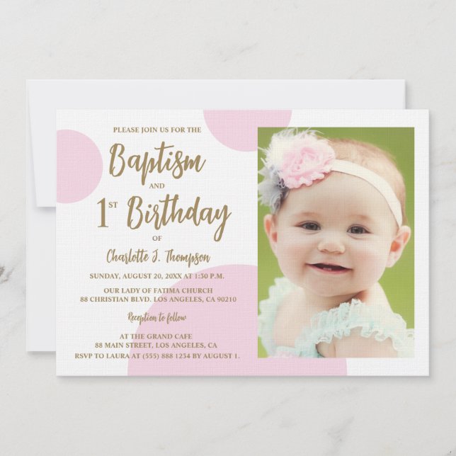 Invitation 1er Anniversaire Baptême Photo Pink Gold Custom (Devant)