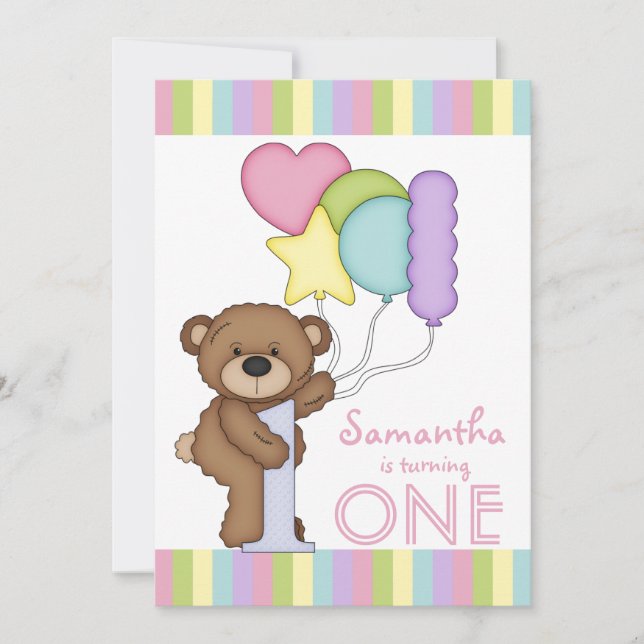 Invitation 1er anniversaire Bear Rainbow Stripes and Balloons (Devant)