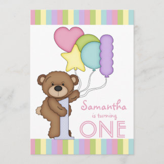 Invitation 1er anniversaire Bear Rainbow Stripes and Balloons
