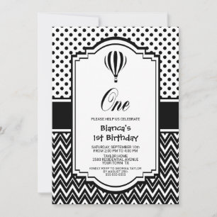 Invitation 1er anniversaire Black and White Hot Air Balloon P