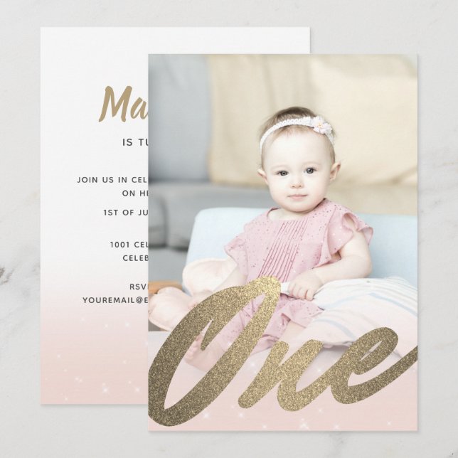Invitation 1er Anniversaire Blush Rose Gold Girls Photo (Devant / Derrière)