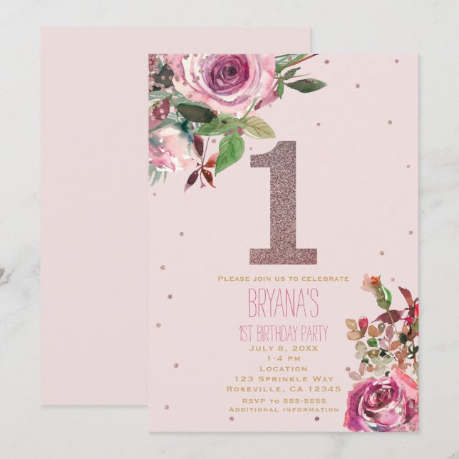 Invitation 1er anniversaire Blush Rose Rose Or Floral Moderne (Devant / Derrière)
