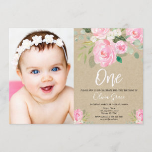 Invitation 1er anniversaire blush rose rustique kraft photo f