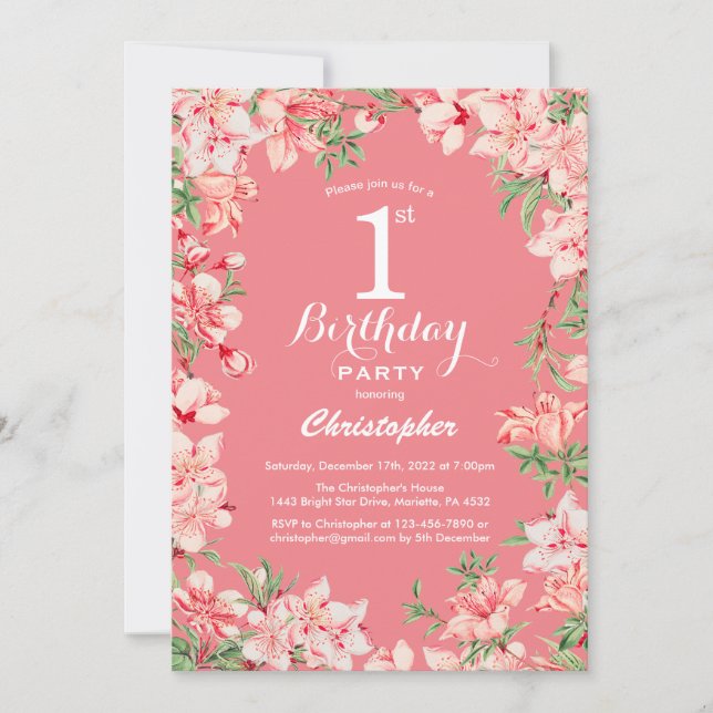 Invitation 1er Anniversaire Boho rose Fleurs florales botaniq (Devant)