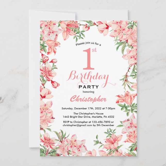 Invitation 1er Anniversaire Boho rose Fleurs florales botaniq (Devant)