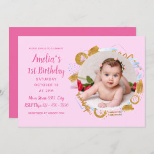 Invitation 1er anniversaire - Cadre photo en or et rose