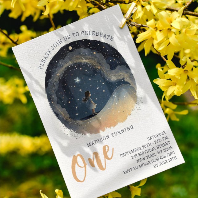 Invitation 1er Anniversaire Celestial Star Aquarelle Girl Mod (Créateur téléchargé)