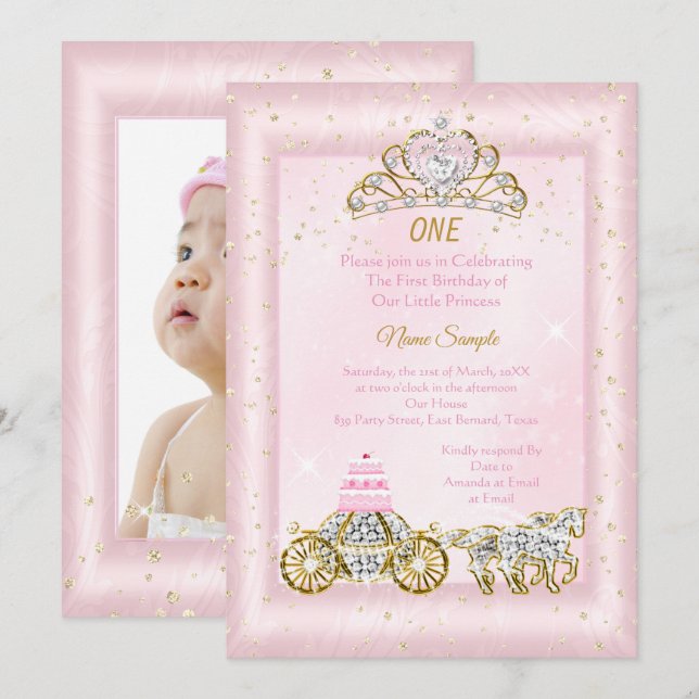 Invitation 1er anniversaire Cendrillon Carrosse Rose Pâle (Devant / Derrière)