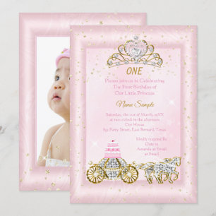 Invitation 1er anniversaire Cendrillon Carrosse Rose Poudré