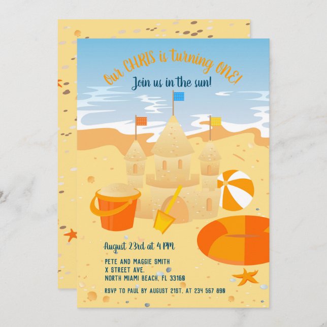 Invitation 1er anniversaire château de sable et plage fête de (Devant / Derrière)