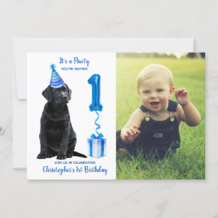 Invitation 1er Anniversaire Chiot Thème - Chien bleu mignon G