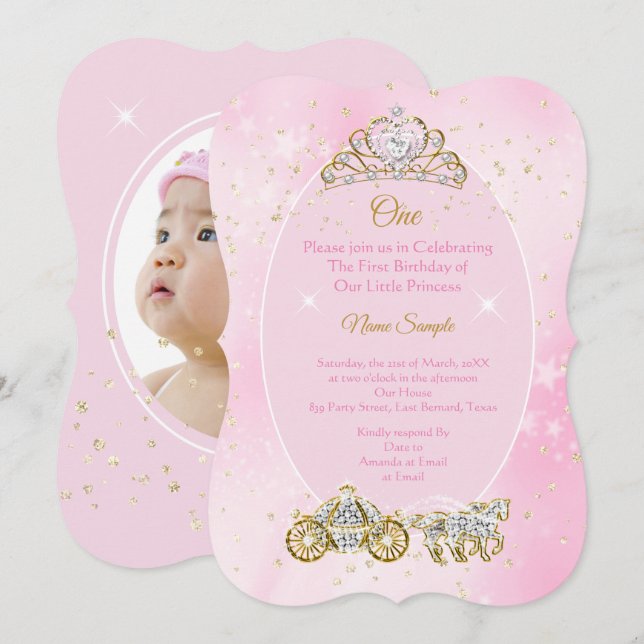 Invitation 1er anniversaire Cinderella Carrosse Rose Photo (Devant / Derrière)
