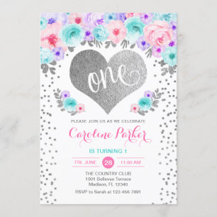 Invitation 1er anniversaire - Coeur d'argent Turquoise rose p