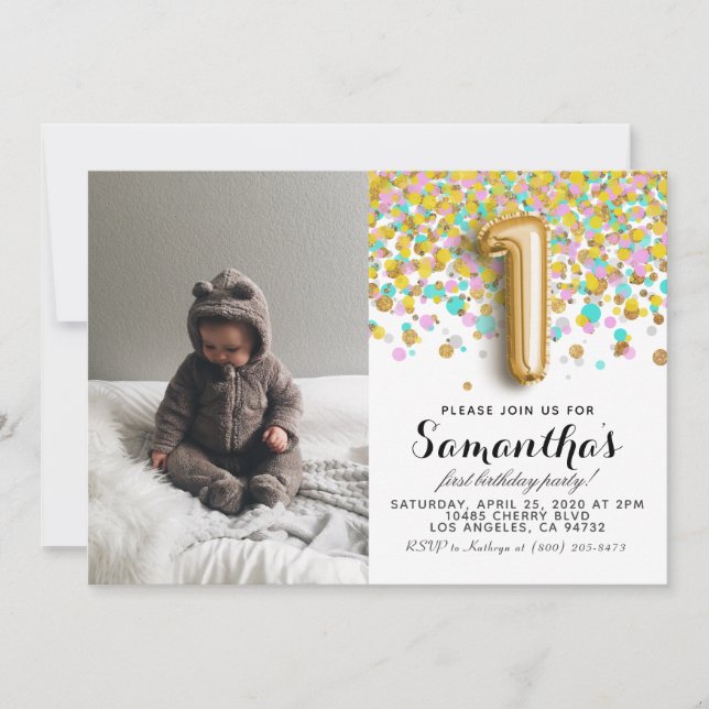 Invitation 1er anniversaire Confetti Portrait (Devant)