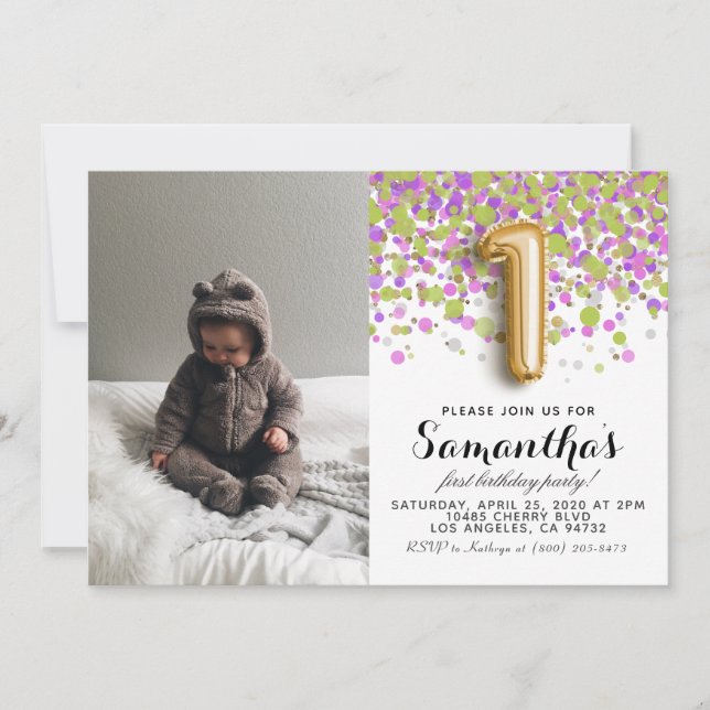Invitation 1er anniversaire Confetti Portrait (Devant)