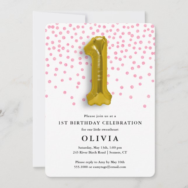 Invitation 1er Anniversaire Confetti rose et ballon or (Devant)