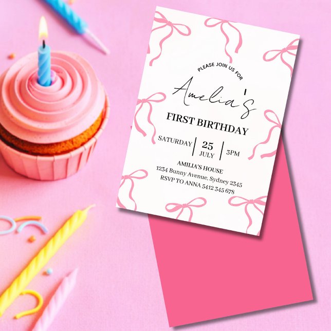 Invitation 1er anniversaire Coquette nœud rose (Pink bow invitation for girls, perfect for first birthday or any age party)
