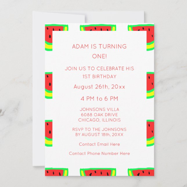Invitation 1er Anniversaire Custom Age Watermelon Motif migno (Devant)