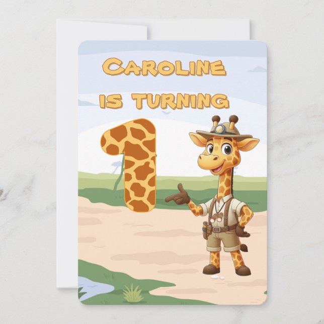 Invitation 1er anniversaire Cute Explorer Giraffe sur safari (Devant)