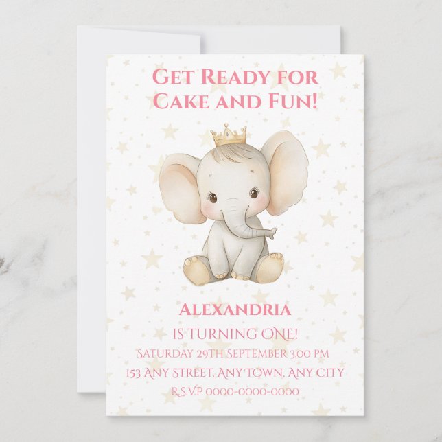 Invitation 1er anniversaire de bébé éléphant princesse person (Devant)