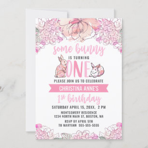 Invitation 1er Anniversaire de Bunny Pink Aquarelle Florale