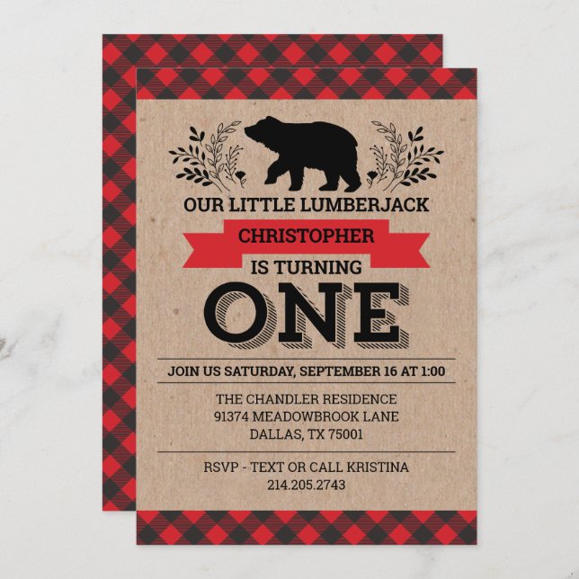 Invitation 1er anniversaire de fête Buffalo Plaid Lumberjack (Devant / Derrière)