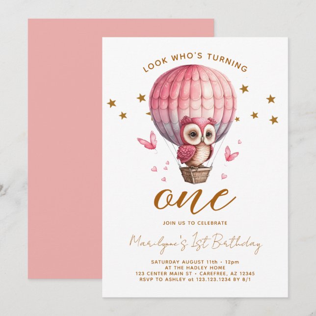 Invitation 1er anniversaire de Hibou Rose (Devant / Derrière)