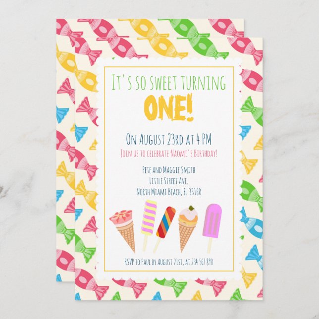 Invitation 1er anniversaire de la crème glacée fille fête (Devant / Derrière)