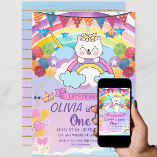Invitation 1er anniversaire de la fille mignonne Unicorn Chat
