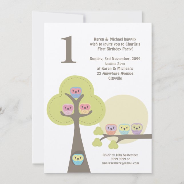 Invitation 1er Anniversaire de la soirée Chouettes mignonnes  (Devant)