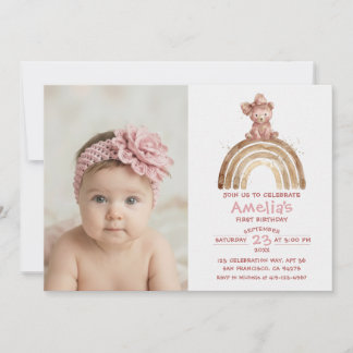 Invitation 1er anniversaire de l'ours Arc de ruban rose doux