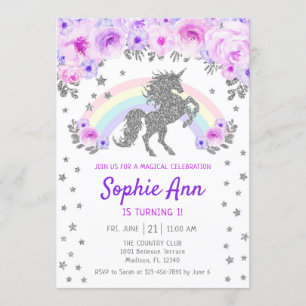 Invitation 1er anniversaire de l'Unicorne - Purple argenté