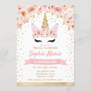 Invitation 1er anniversaire de l'Unicorne - Rose d'or