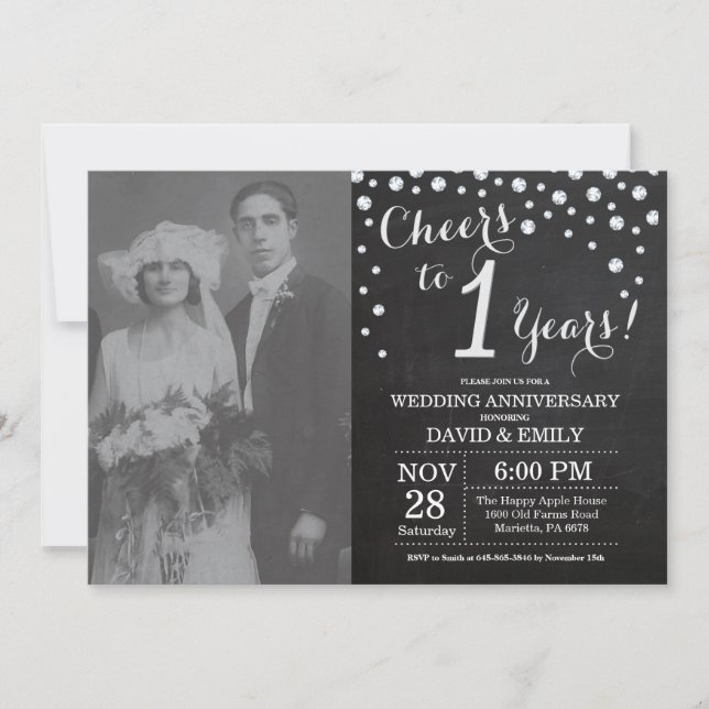 Invitation 1er anniversaire de mariage tableau noir argent (Devant)