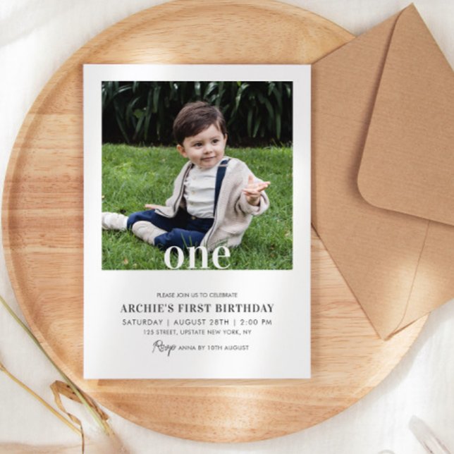 Invitation 1er anniversaire de modification photo minime phot (1st birthday boy invitations simple modern photo template )