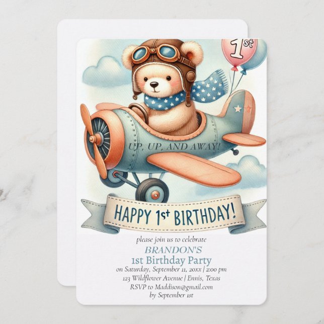 Invitation 1er anniversaire de naissance Boy Avion (Devant / Derrière)